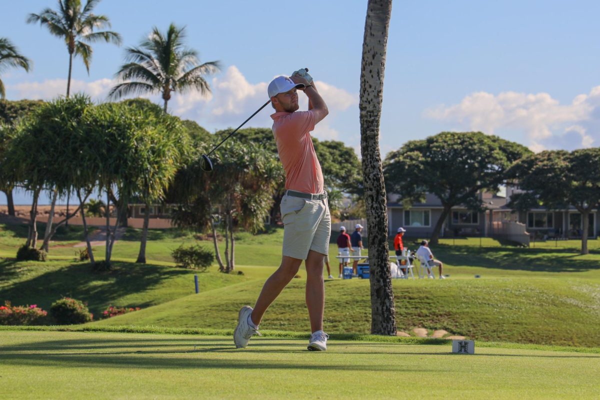 Texas State senior golfer Tom Roed Karlsen watches the ball after teeing off at the Kapolei Invitational, Tuesday, Oct. 31, 2023, in Oahu, Hawaii.  