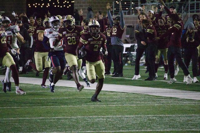 Texas State sophomore wide receiver Kole Wilson (2) returns a 100-yard kickoff for a touchdown against South Alabama, Saturday, Nov. 26, 2023, at Bobcat Stadium. 