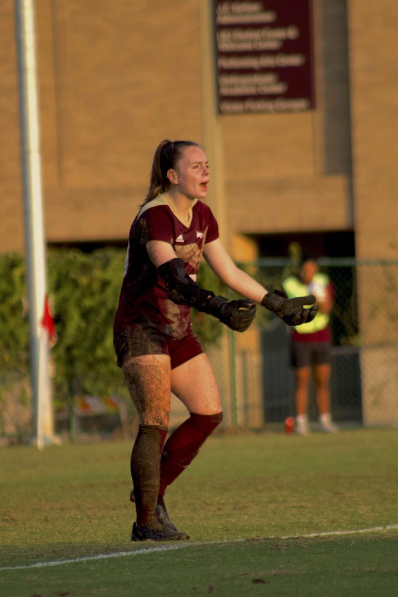  Texas State freshman goalkeeper Caitlyn Draper rallies her teammates during the game versus Southern Miss, Thursday, Oct. 26, 2023, at Bobcat Soccer Complex.