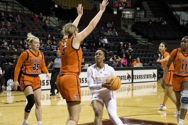 Texas State graduate student guard Timia Jefferson (24) attempts to shoot a basket, Saturday, Nov. 11, 2023, at Strahan Arena. 