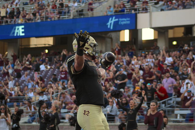 Texas State junior tight end Konner Fox celebrates in the end zone after scoring a touchdown versus Georgia Southern, Saturday, Nov. 4, 2023, at Bobcat Stadium.