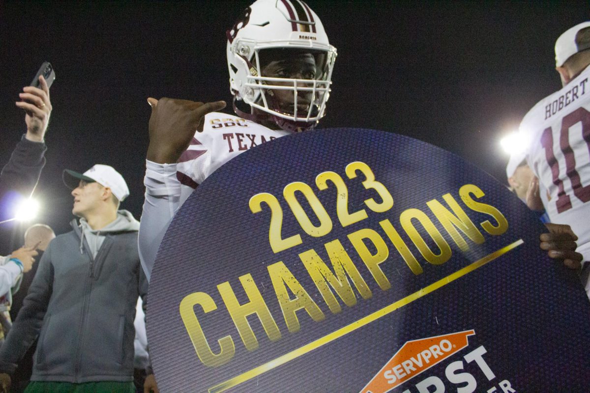 Texas State freshman punter Darius Green celebrates the Bobcats first bowl game victory over Rice in the SERVPRO First Responder Bowl game, Tuesday, Dec. 26, 2023, in Gerald J. Ford Stadium.