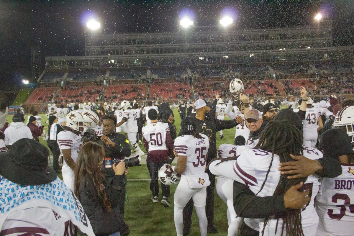 Texas State football celebrates its first bowl game victory in school history after defeating Rice University in the SERVPRO First Responder Bowl game, Tuesday, Dec. 26, 2023, at Gerald J. Ford Stadium in Dallas. 