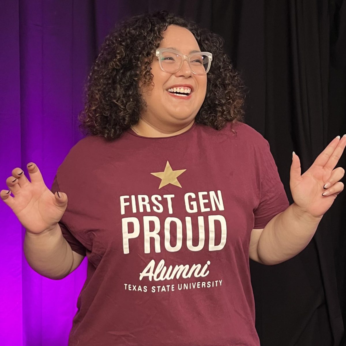 Camrie Pipper poses proud in her First-Gen Proud alumni shirt, Friday, Sept. 22, 2023, at Texas State University.