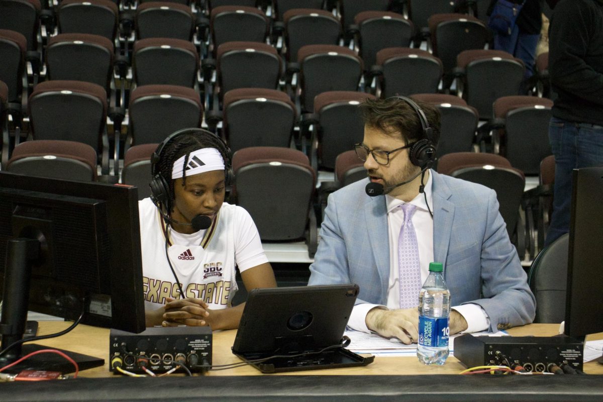 Texas+State+ESPN%2B+play-by-play+commentator+Brant+Freeman+%28Right%29+conducts+an+interview+with+graduate+guard+JaNiah+Henson+%28Left%29+after+the+victory+over+Bowling+Green%2C+Nov.+11%2C+2023%2C+at+Strahan+Arena.