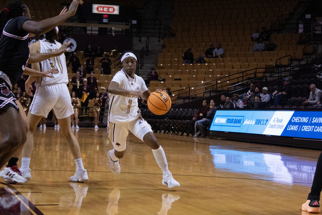 Texas State graduate student guard JaNiah Henson (1) dribbles the ball down the court during the game against Arkansas State, Saturday, Jan. 20, 2024, at Strahan Arena.