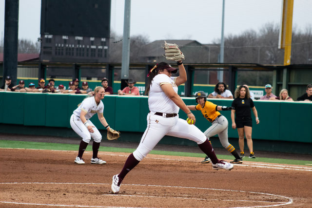 Texas State sophomore pitcher Analisa Soliz (23) throws the ball during the game against Kennesaw State, Friday, Feb. 9, 2024, at Bobcat Softball Stadium.