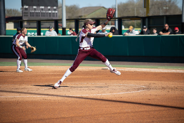 Texas State senior pitcher Jessica Mullins (4) throws the ball during the game against Texas Tech, Sunday, Feb. 18, 2024, at Bobcat Softball Stadium.