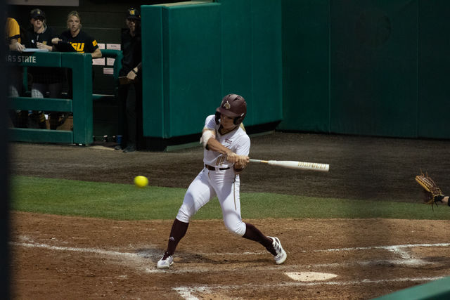 Texas State senior outfielder Piper Randolph (11) swings to hit the ball during the game against Kennesaw State, Friday, Feb. 9, 2024, at Bobcat Softball Stadium.