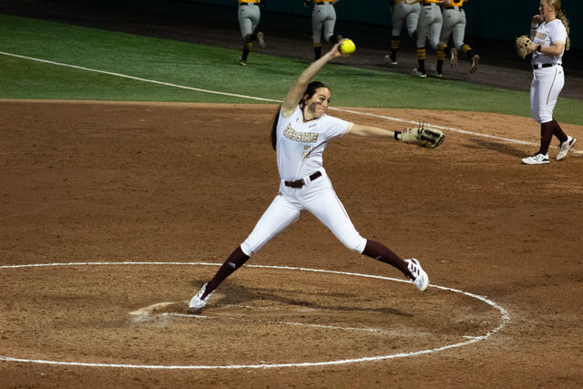 Texas State junior right-hand pitcher Presley Glende (21) prepares to pitch the ball during the game against Kennesaw State, Friday, Feb. 9, 2024, at Bobcat Softball Stadium.