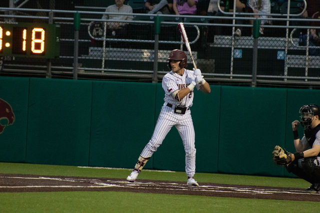 Texas State infielder and outfielder senior Alec Patino (23) steps up to the plate during the game against Youngstown State, Friday, Feb. 16, 2024, at Bobcat Ballpark.