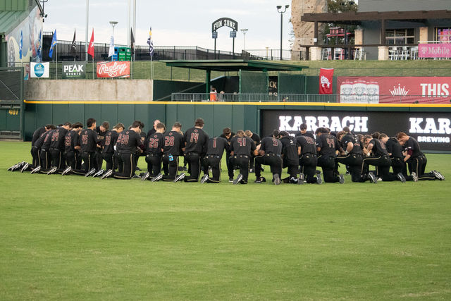 The Texas State baseball team gathers together before the game against Kentucky, Friday, Feb. 23, 2024, at Dell Diamond in Round Rock, Texas.