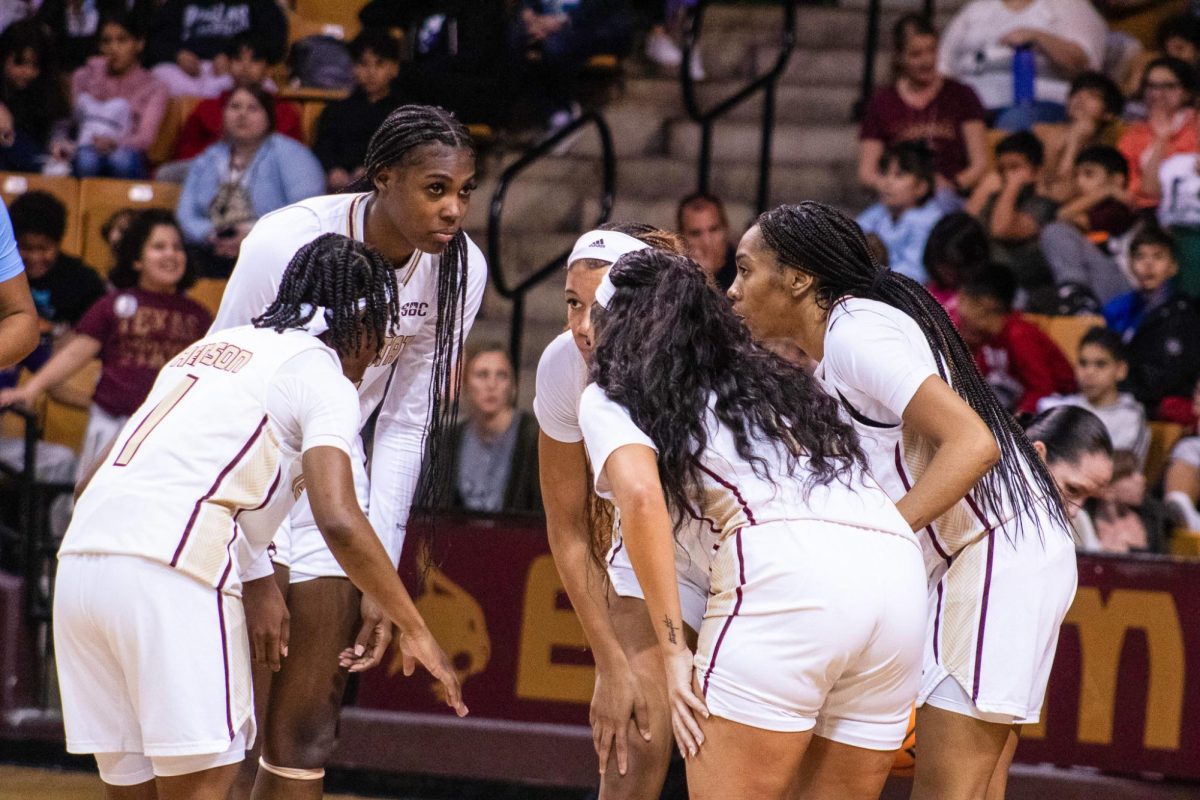 The Texas State womens basketball team huddles together, Saturday, Dec. 30, 2023, at Strahan Arena.