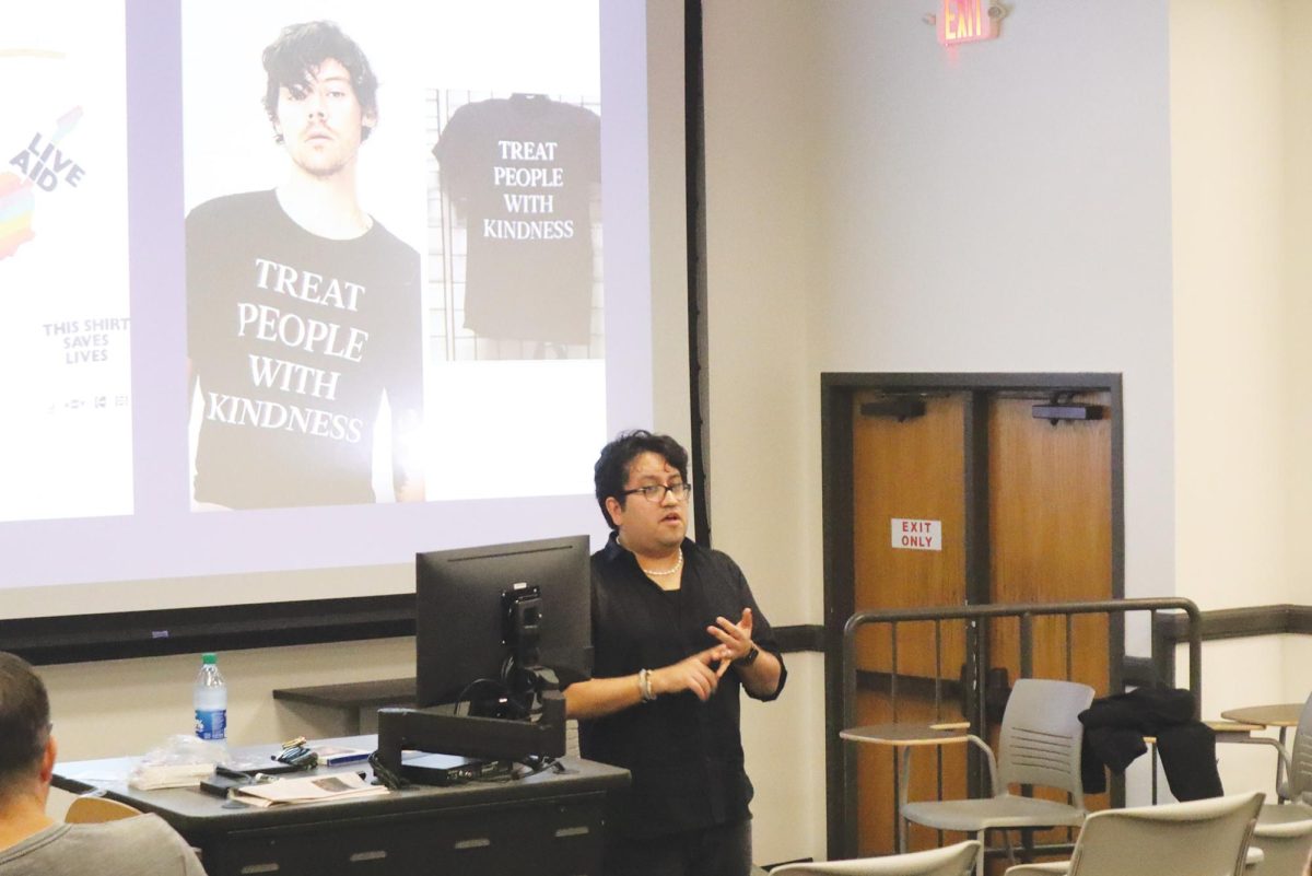 Professor Louie Dean Valencia presents his new book, Harry Styles and the Cult of Celebrity, as part of the film festival, Thursday, Feb. 22, 2024, in Taylor Murphy.