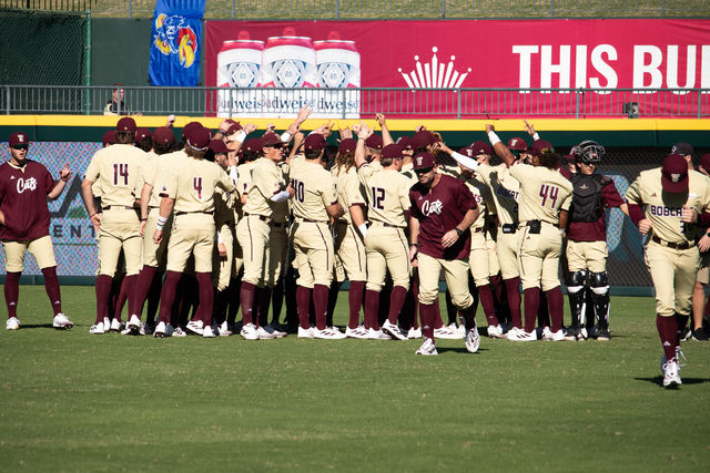 The Texas State baseball team gathers together before the game against Kentucky, Saturday, Feb. 24, 2024 at Dell Diamond in Round Rock, Texas. 