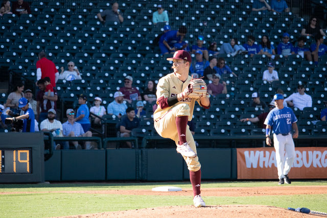 Texas State senior pitcher Jack Stroud (26) pitches the ball, Saturday, Feb. 24, 2024, at Dell Diamond in Round Rock, Texas.