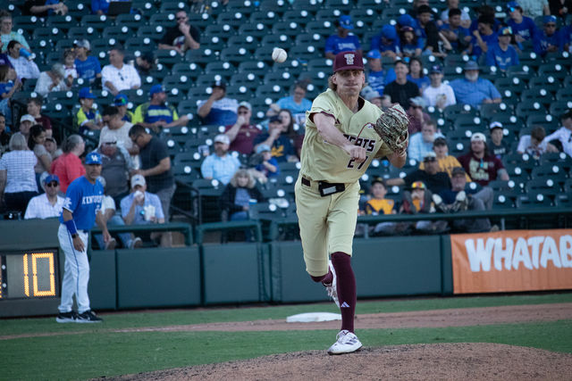 Texas State senior pitcher Otto Wofford (27) throws the ball to first base, Saturday, Feb. 24, 2024, at Dell Diamond in Round Rock, Texas.