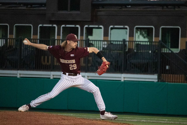 Texas State sophomore pitcher Taylor Seay (29) pitches the ball against Texas A&M Corpus Christi, Tuesday, March 5, 2024, at Bobcat Ballpark. 