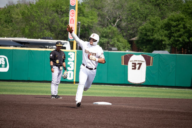 Texas State junior left fielder Daylan Pena(7) celebrates hitting his third home run, Saturday, March. 16, 2024, at Bobcat Ballpark.