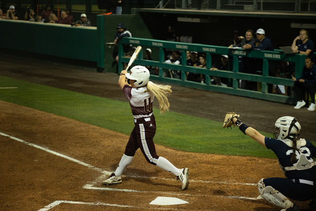Texas+State+senior+outfielder+Piper+Randolph+%2811%29+swings+the+bat+during+the+game+against+Penn+State+Thursday%2C+March.+7%2C+2024%2C+at+Bobcat+Softball+Stadium.