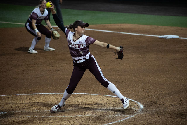 Texas State senior pitcher Jessica Mullins (4) gets ready to pitch the ball during the game against Penn State Thursday, March 7, 2024, at Bobcat Softball Stadium.