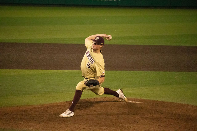 Texas State sophomore pitcher Cameron OBanan (15) pitches the ball against Houston Christian, Wednesday, March 13, 2024, at Bobcat Ballpark. 