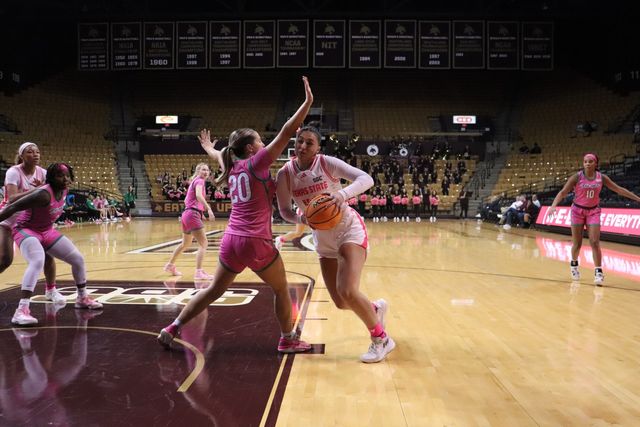Texas State senior forward Nicole Leff (40) powers past her defender, Wednesday, Feb. 21, 2024, at Strahan Arena. 