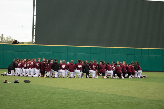 The Texas State baseball team gather together before the game against UTSA, Tuesday, March 19, 2024, at Bobcat Ballpark. 