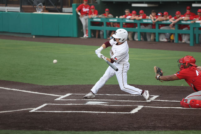 Texas State senior outfielder Kameron Weil (11) goes to hit the ball during the game against Louisiana-Lafayette, Friday, March 29, 2024, at Bobcat Ballpark.