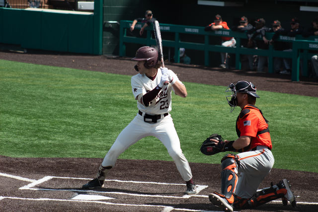 Texas State senior infielder Alec Patino (23) steps up to the plate during the game against Sam Houston State, Sunday, March. 10, 2024, at Bobcat Ballpark.