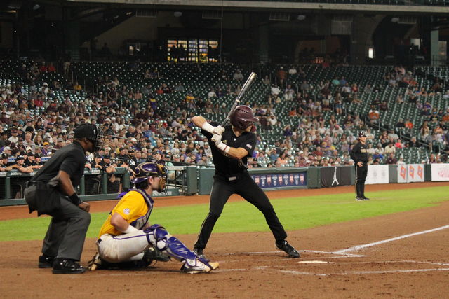 Texas State senior infielder Davis Powell (8) prepares to bat against LSU In the Astros Foundational Classic, Sunday, March 3, 2024, Minute Maid Park in Houston.