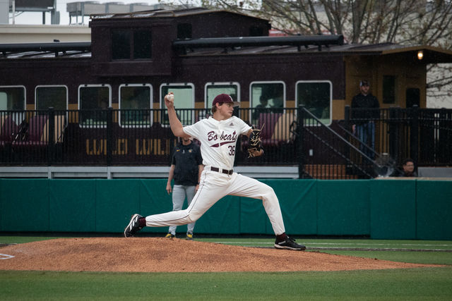 Texas State sophomore pitcher Sam Hall (36) pitches the ball, Saturday, March 17, 2024, at Bobcat Ballpark.