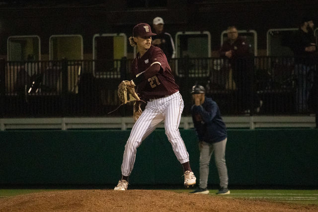 Texas State senior pitcher Otto Wofford (27) pitches the ball during the game against UTSA, Tuesday, March. 19, 2024, at Bobcat Ballpark. 