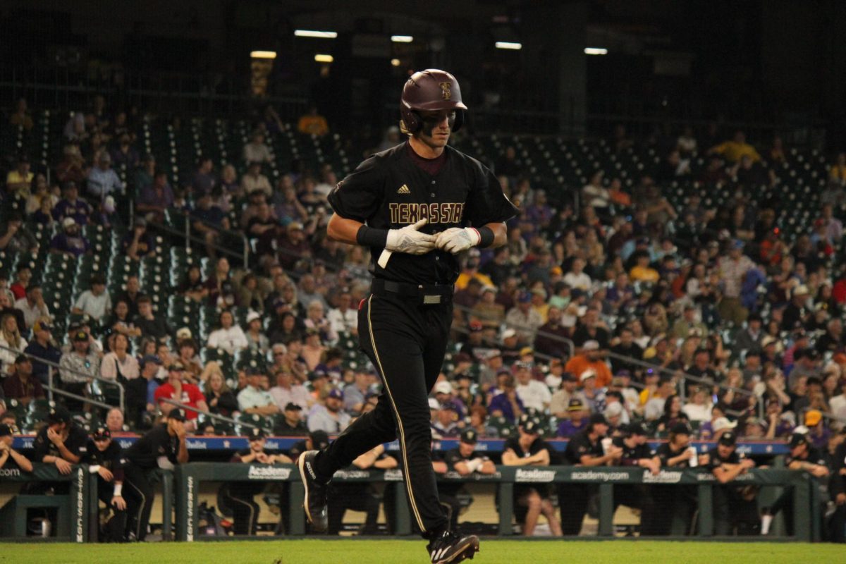 Texas State sophomore infielder Chase Mora (2) walks to 1st base, March 3, 2024, Minute Maid Park.
