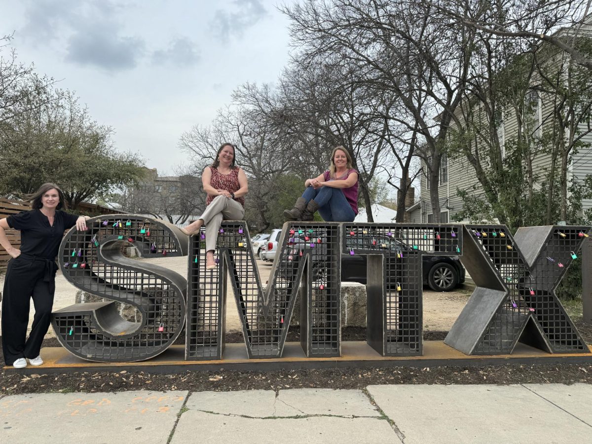 Founders of SMTX project Brooke Spruiell (Left), Tiffany Harris (Center) and Heather Demere (Right) with the sculpture, Monday, March 4, 2024, in San Marcos.