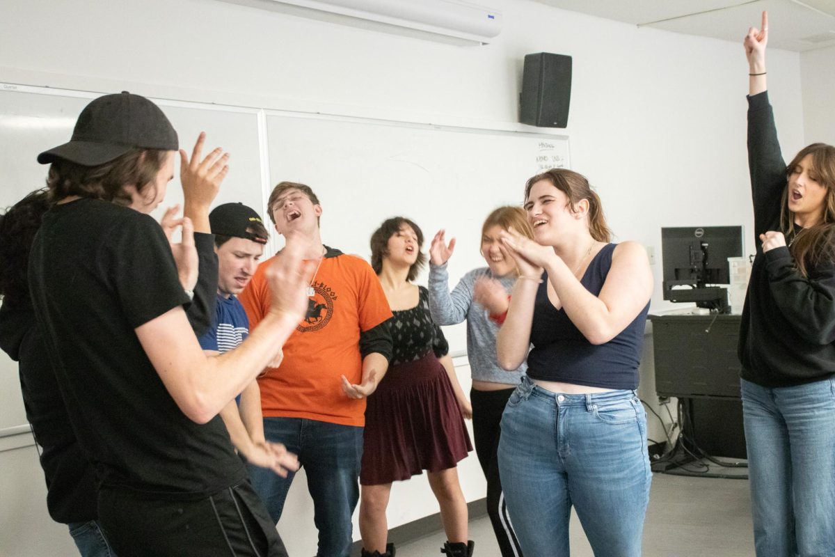 Theatre junior Jaden Petty (Left) and production sophomore Stephanie Wilson (Right) rehearse a dance-party scene, Thursday, March 7, 2024, in the Department of Theatre and Dance.