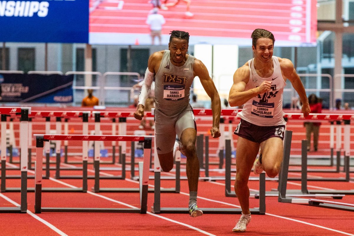 Texas State graduate student sprinter Daniel Harrold competes in the 60-meter hurdles event at the NCAA Indoor Track & Field Championships, Friday, March. 8, 2024, in Boston. 