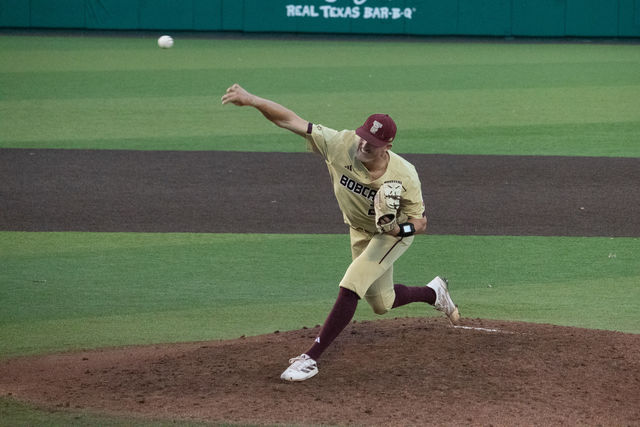 Texas State senior pitcher Peyton Zabel (24) pitches the ball during the game against Texas A&M Corpus Christi, Wednesday, March 13, 2024, at Bobcat Ballpark.