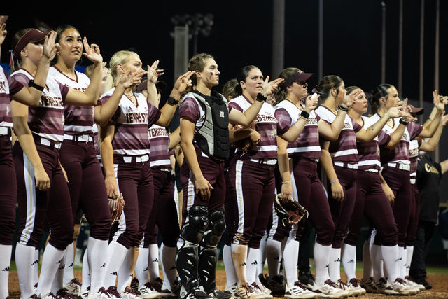 The Texas State softball team after the victory against Penn State, Thursday, March 7, 2024, at Bobcat Softball Stadium.