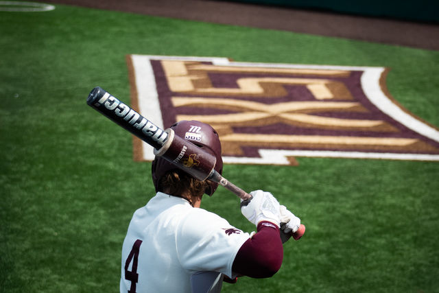Texas State redshirt senior outfielder Cameron Thompson (4) prepares to bat during the game against Sam Houston, Sunday, March. 10, 2024, at Bobcat Ballpark.