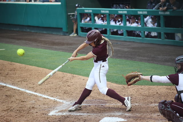 Texas State senior outfielder Piper Randolph (11) swings the bat during the game against Texas A&M, Wednesday, March. 20, 2024, at Bobcat Softball Stadium.