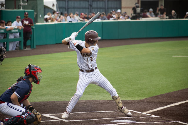 Texas State sophomore infielder Chase Mora (2) gets ready to swing the bat during the game against South Alabama, Friday, April 19th, 2024, at Bobcat Ballpark.