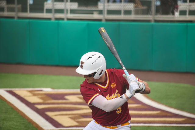Texas State senior infielder Cade Manning (9) prepares to bat during the game against Louisiana-Lafayette, Saturday, March 30, 2024, at Bobcat Ballpark.