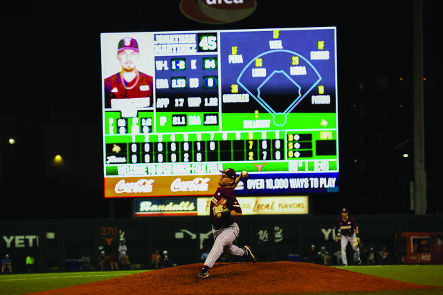 Texas State senior pitcher Jonathan Martinez (45) pitches the ball during the game against Texas, Wednesday, April 10, 2024, at UFCU Disch-Falk Field in Austin. 