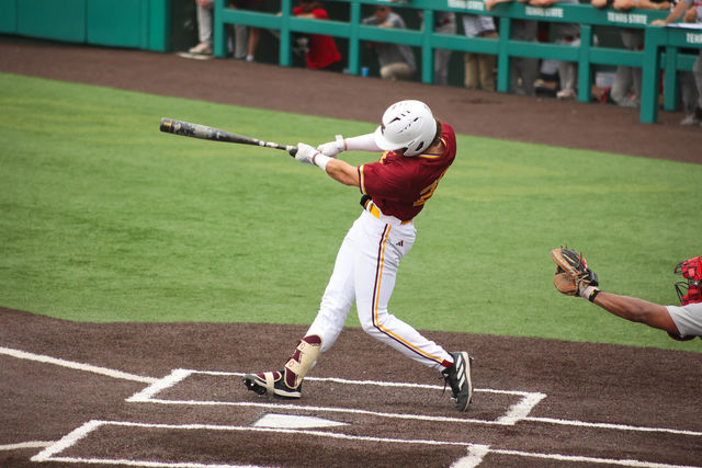 Texas State senior infielder and outfielder Alec Patino (23) swings the bat during the game against Louisiana-Lafayette, Saturday, March 30, 2024, at Bobcat Ballpark.