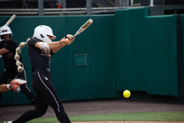 Texas State senior outfielder Piper Randolph (11) swings the bat during the game against  Louisiana-Lafayette, Saturday, April 13, 2024, at Texas State Softball Complex.