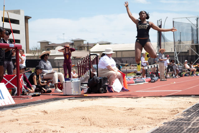 Texas State freshman jumper Precious Okougbodu competes in the women's long jump event at the Bobcat Invitational, Friday, March 29, 2024, at the Texas State Track and Field Complex.