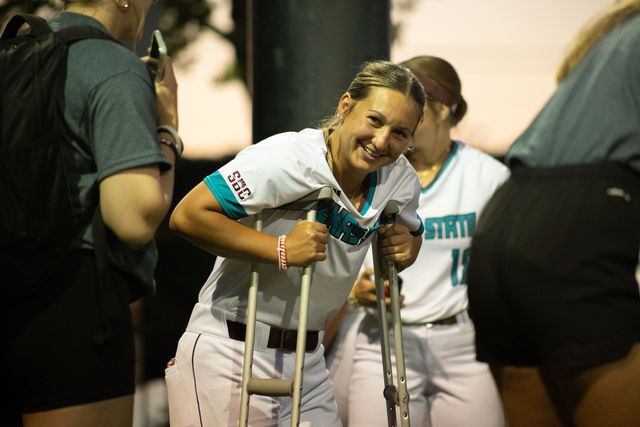 Texas State junior outfielder Ciara Trahan (6) walks on crutches following an injury during the game against #21 Baylor, Wednesday, April 3, 2024, at Bobcat Softball Stadium.
