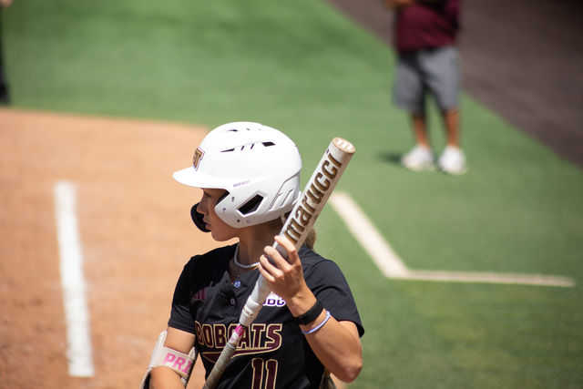 Texas State senior outfielder Piper Randolph (11) steps up to the plate during the game against f Louisiana-Lafayette, Saturday, April 13, 202,4 at Bobcat Softball Stadium.