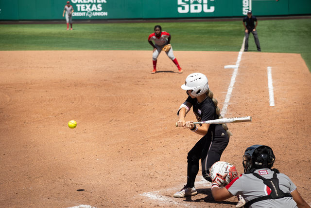 Texas State senior outfielder Piper Randolph (11) attempts to hit the ball during the game against Louisiana-Lafayette, Saturday, April 13, 2024, at  Bobcat Softball Stadium.
